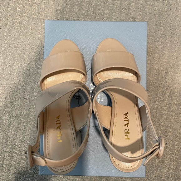 Prada Patent Leather Block Heal Cream/Tan Sandals - Picture 4 of 5